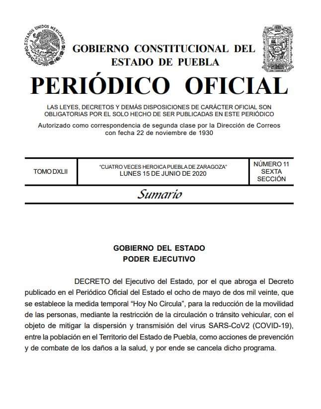 Decreto para cancelar el hoy no circula en Puebla.